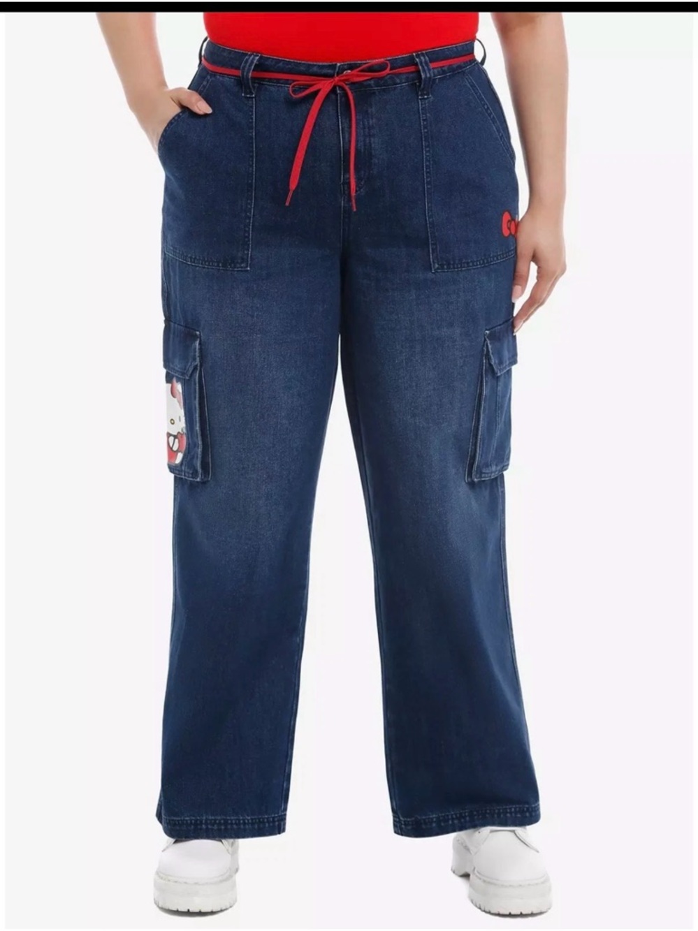 Hello Kitty Dark Blue Denim Wide Leg Cargo Jeans with Red Drawstring